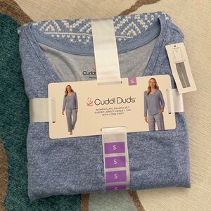 Cuddl Duds 2 Piece Women’s Nordic Fair Isle Printed Fleece Pajama Set Suede Blue